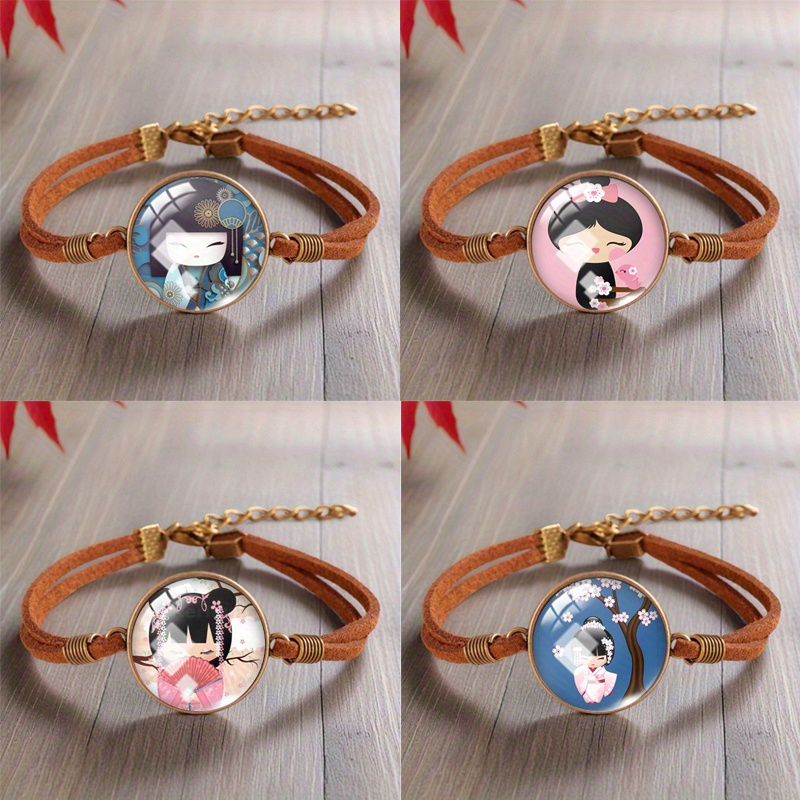 TEMU Set da 4 braccialetti marroni con cupola in vetro, motivo con bambola in kimono giapponese e fiori di ciliegio, accessori e regali per