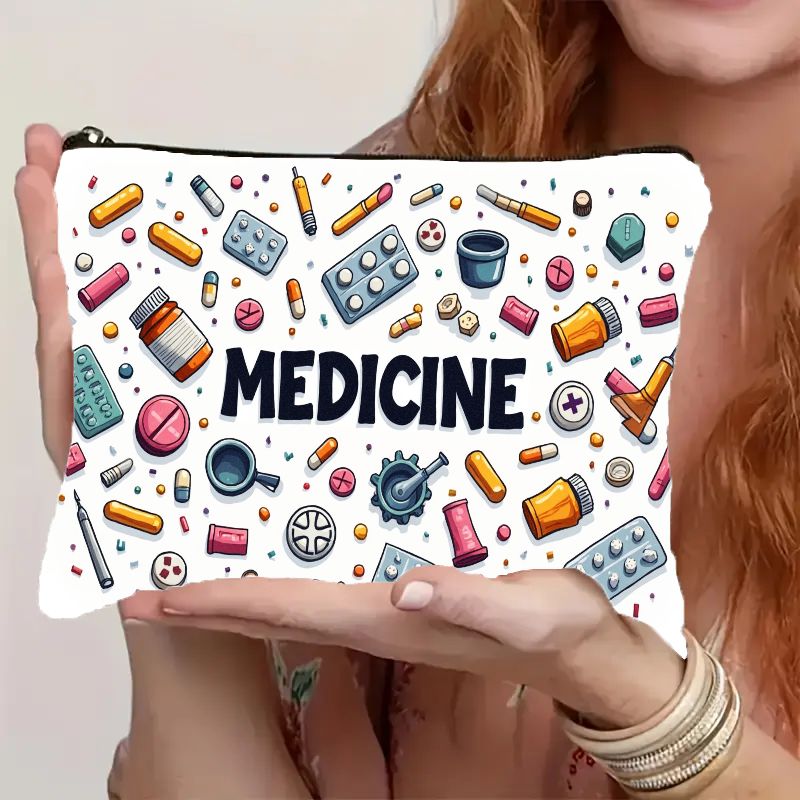TEMU 1pc Of Classic Lightweight Portable Storage Pouch, Featuring A 2d Flat Cartoon Medicine Design With A Secure Zipper Closure. Ideal For Storing