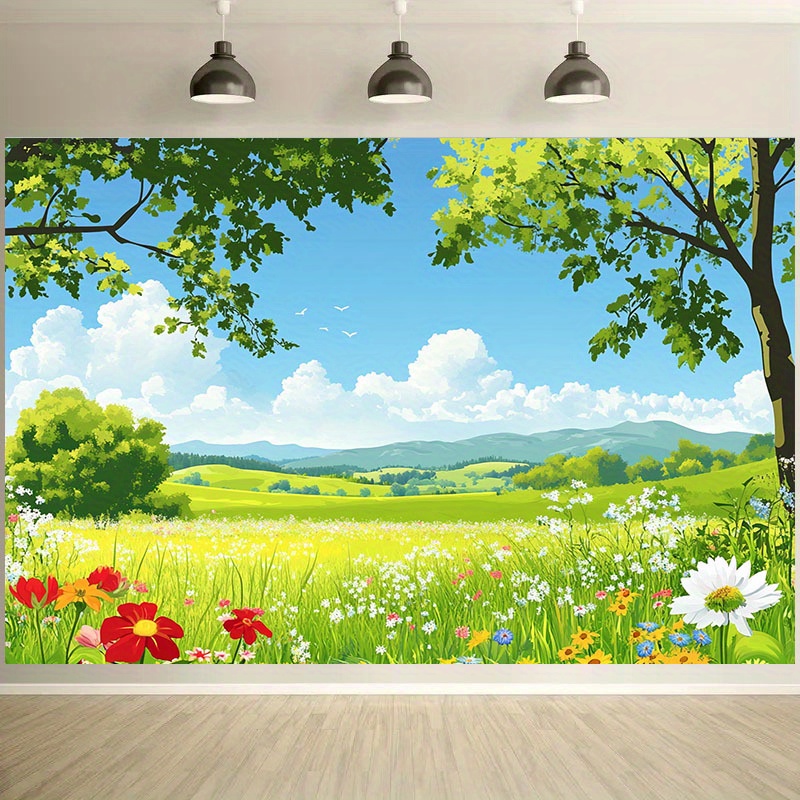 TEMU 2d Flat, 2d Flat - 2d Flat, 2d Flat - A 2d Flat Banner, 1pc Spring And Summer Countryside Scenery Backdrop - Featuring Vibrant Wildflowers And