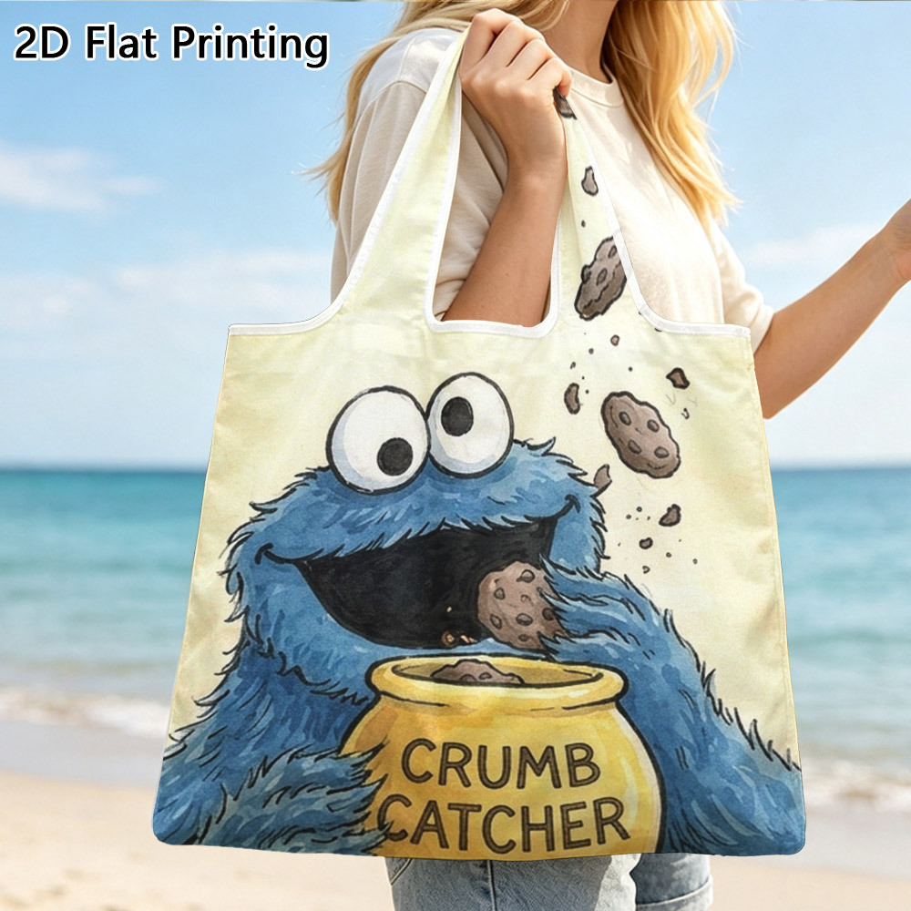 TEMU 1pc Tote Bag, Eating Cartoon Pattern, 2d Printed Canvas Handbag - Large Capacity Durable Fixed Shoulder Strap, Fashionable Daily Shopping Bag,