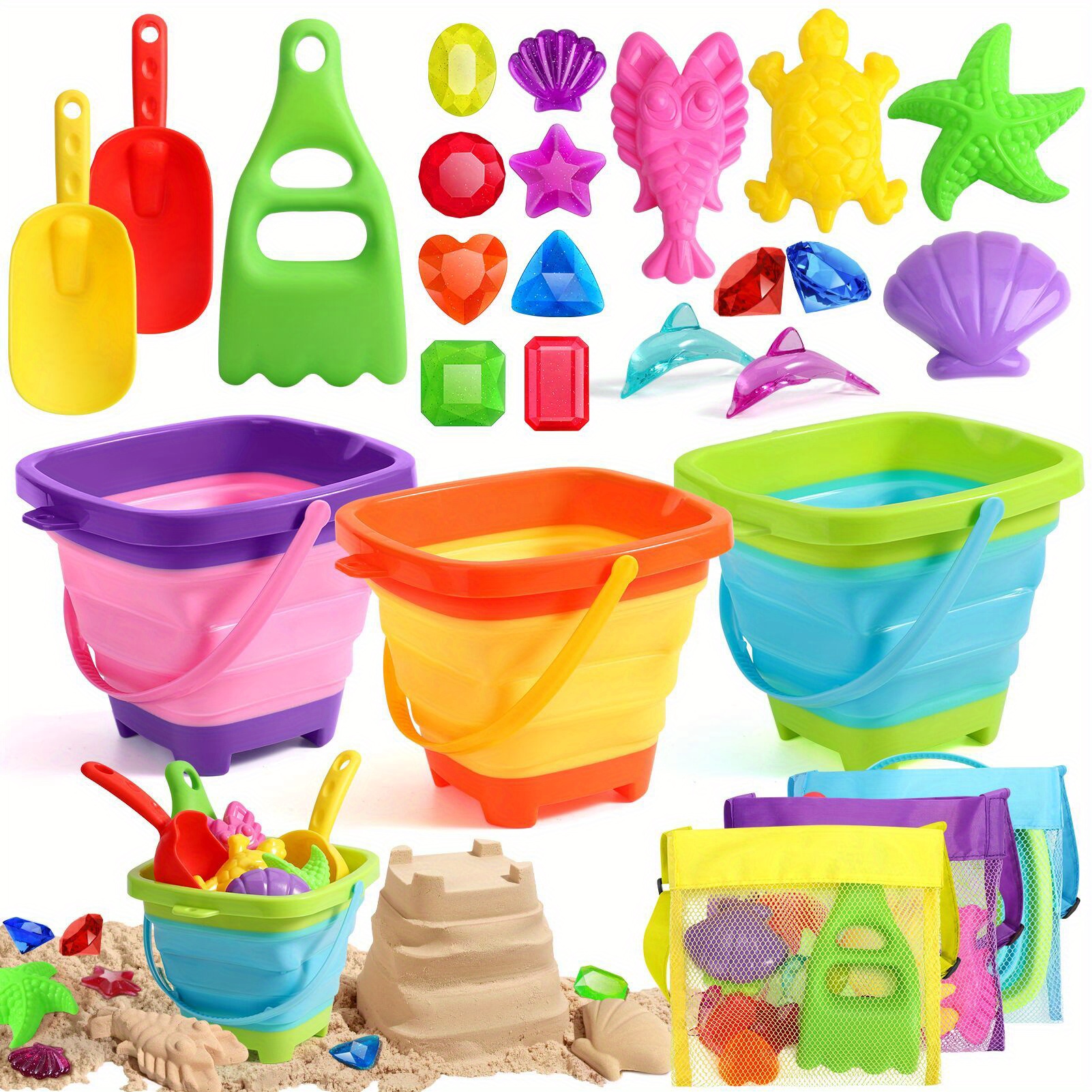 TEMU Beach Toys Sand Set For , Includes Collapsible Sand Bucket Shovel And Gem With Underwater Treasure Pirate Chest Box For Summer Beach, Sandbox