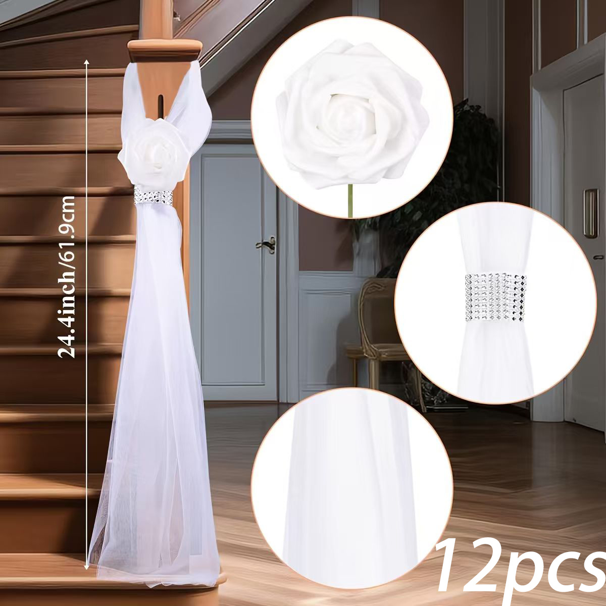 Image of 12pcs Wedding Aisle Decoration Ceremony Wedding Chairs, Church Decor Artificial White Roses Rhinestones Wedding Party Bench Spring Summer Decor, Christmas Decor, Halloween Decor