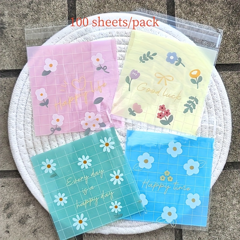 TEMU 100pcs (1 Pack) Of Colorful Floral Print Gift Bags, Pink, Blue, And Green Checkered Self-adhesive Packaging Bags - Suitable For Birthdays,