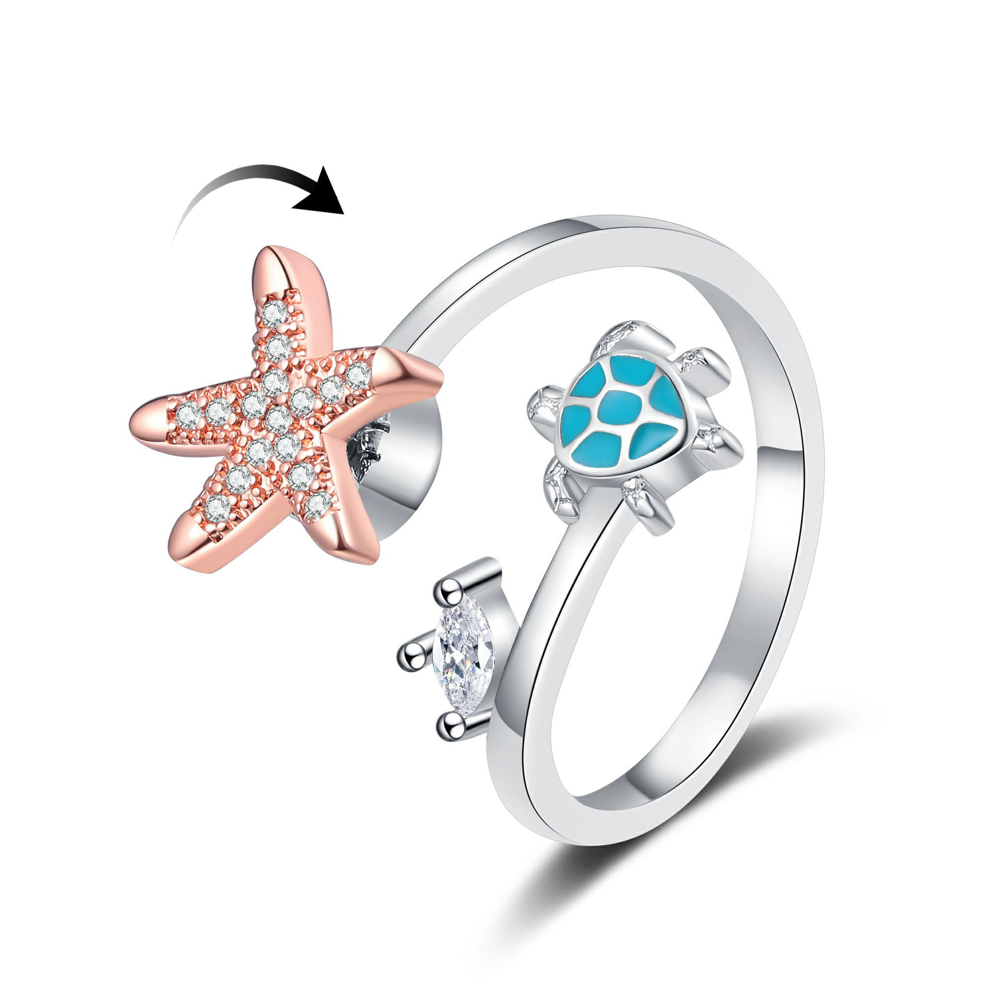 TEMU Silvery Rose Rotatable Full Zirconia Starfish Blue Enamel Turtle Spinner Fidget Adjustable Ring Ocean Beach Finger Jewelry Gift For Women