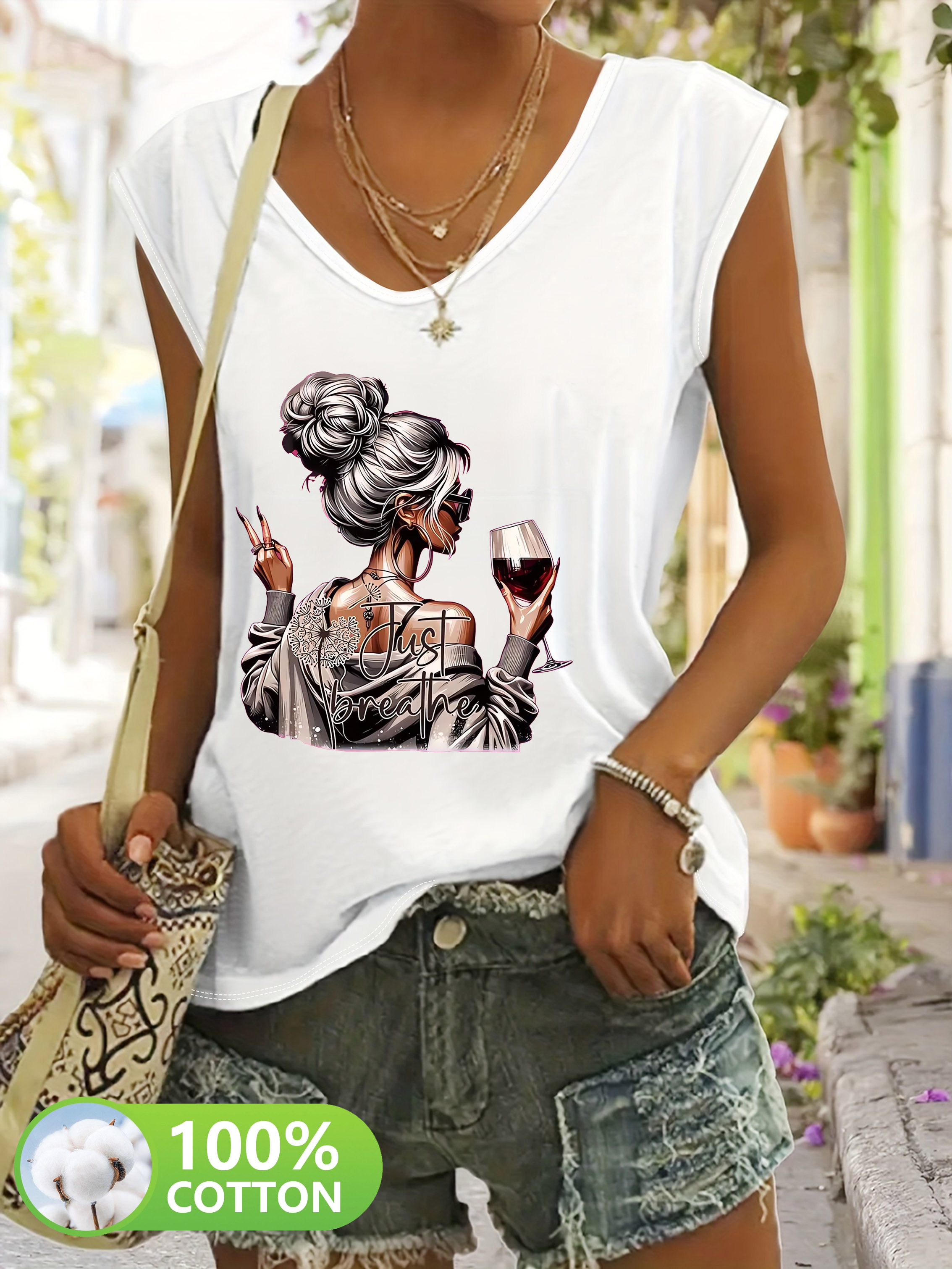 damen frühlings sommer mode lässiges 100% ärmelloses v-ausschnitt t-shirt, individuelles cooles weibliches rotweinglas druckmuster, bequemes atmungsaktives damen einfaches lässiges alltagsoberteil