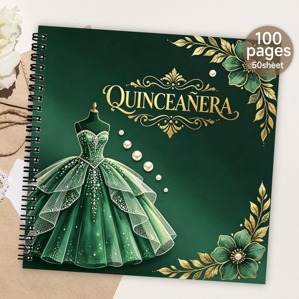 TEMU Libro de visitas en de 1 pieza, libro de firmas para invitados de páginas con temática de quinceañera en verde esmeralda y dorado, álbum de