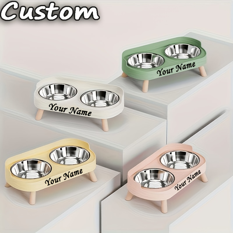 TEMU Personalized Name Or Text, Double-bowl Pet Food And With Guard And Stand – For Cats And Small Dogs, Featuring Easy-clean Removable Bowls