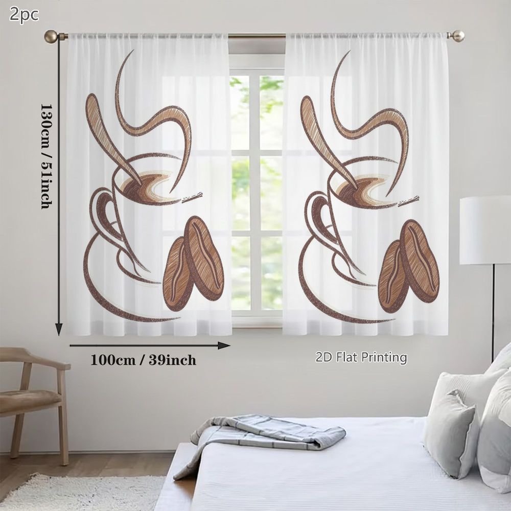 TEMU 2d Flat, 2pcs Panel Coffee-themed Sheer Curtains Rod Pocket Suitable For Kitchens, Cafes, Dining Rooms - Semi-sheer Window Panels With Coffee