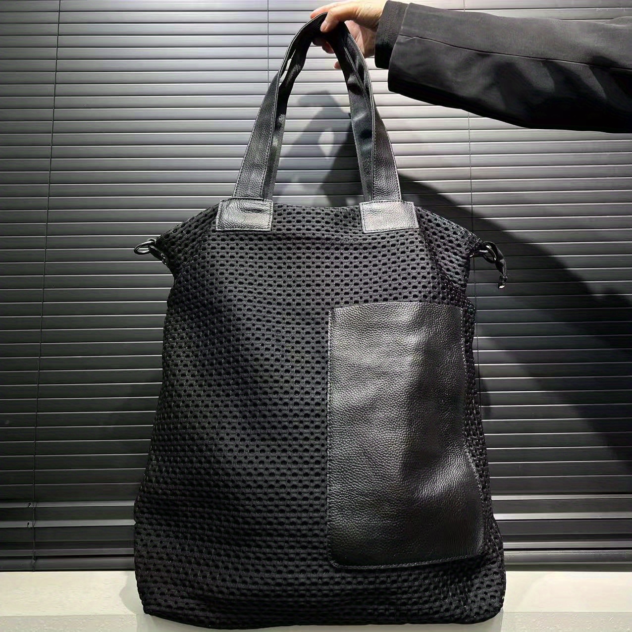 Image of Large Capacity Oversized Bucket Bag With Front Pocket - Y2k Retro Street Style Nylon Spliced Mesh Handbag, Minimalist Tote For Daily Commuting & Travel, Zipper Closure & Strap