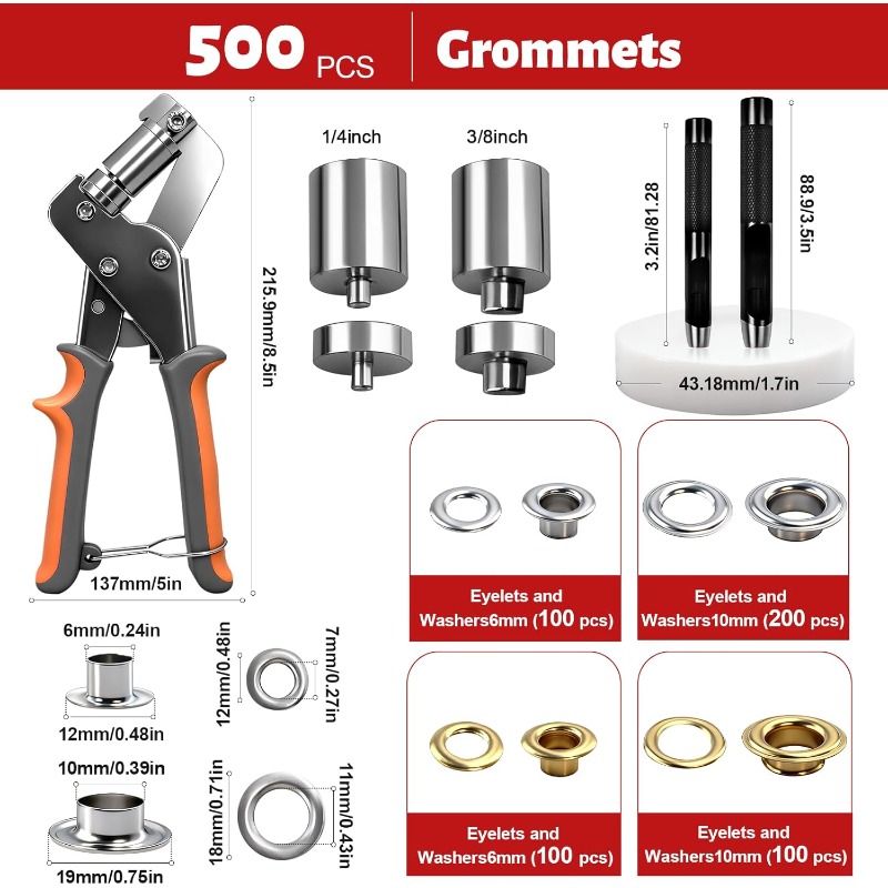 Image of Manual Tool Kit With 6mm/10mm Interchangeable Punch Eyelet Pliers | Practical For Banners, Tents, Tarpaulins, Canvas, Clothing, Shoes, And Handbags - Metal, No Electricity Needed
