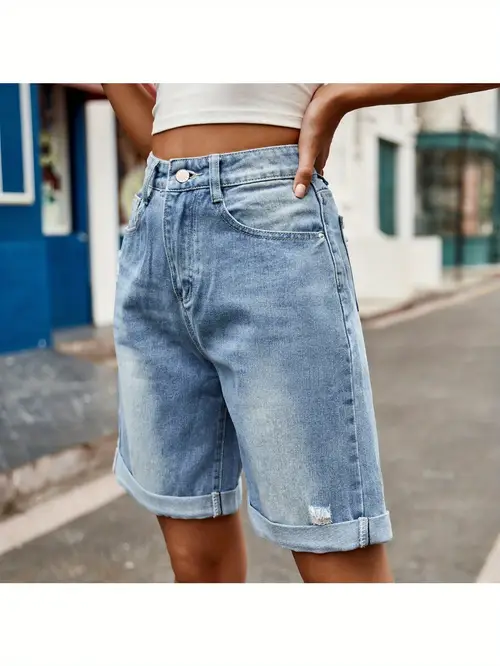casual trendy style new womens clothing ripped rolled hem denim shorts comfortable versatile personalized and fashionable summer essential