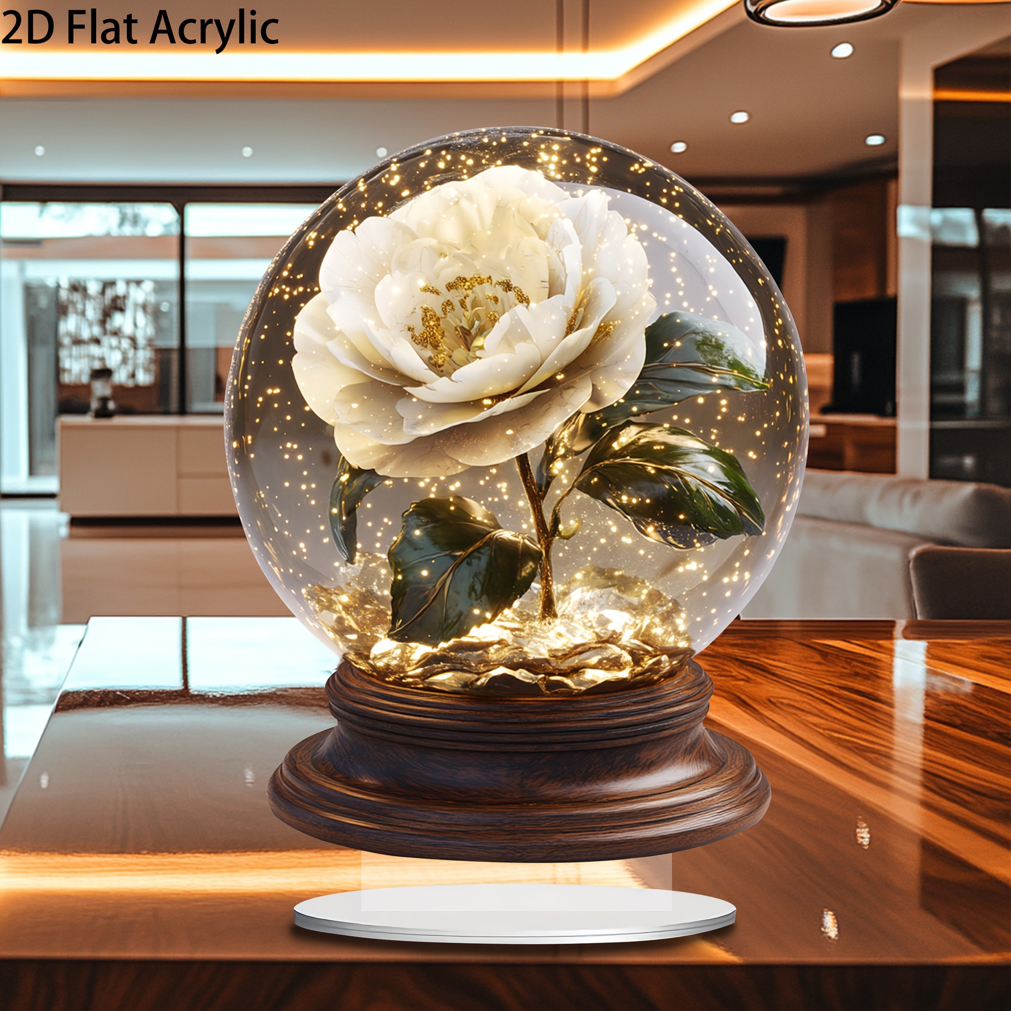 

Bohemian Style Acrylic Snowball With Wooden Base, 7.09-inch Floral Glass Ball, Multi-functional Decorative Desktop Accessory With Light , Ideal For Home And Office, Gift, Winter Decorations