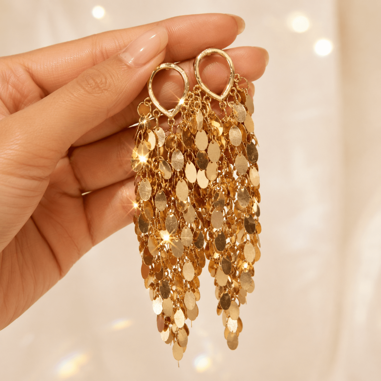 TEMU 1 Paire de Boucles d'Oreilles Pampilles Tombantes Dorées pour Femme, Boucles d'Oreilles Marquantes à Franges à Paillettes en et Fer, Bijou