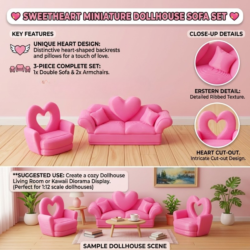 3pcs Dollhouse Set: Heart-Back Double Sofa & Two Chairs