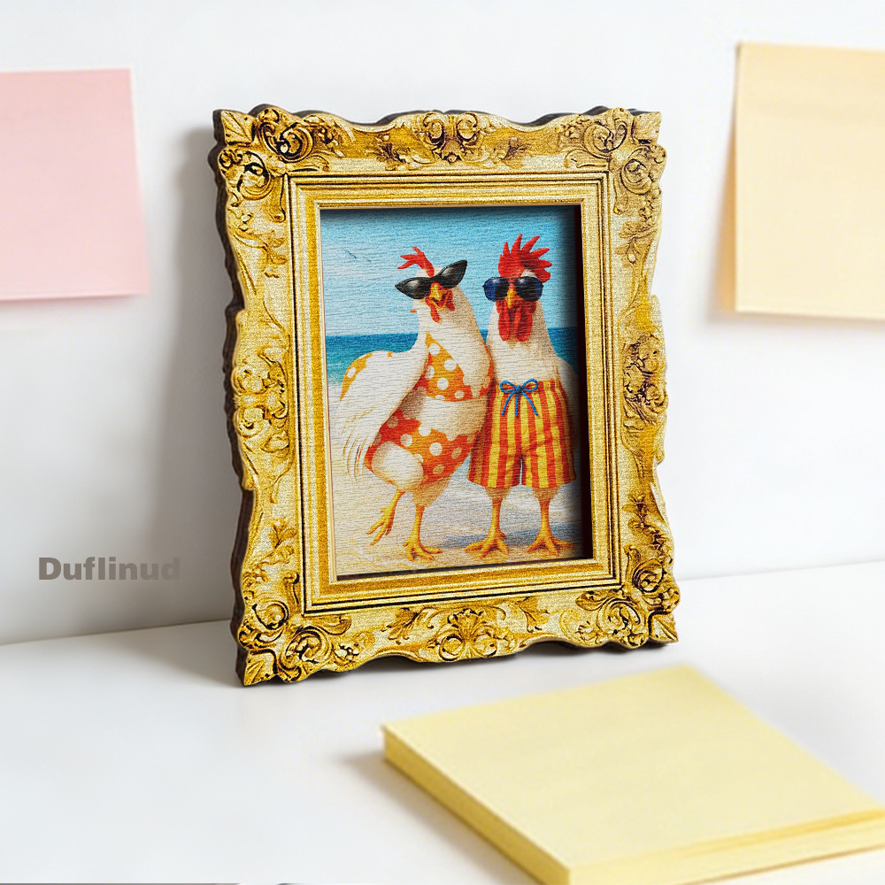 TEMU 1 pièce Aimant de réfrigérateur DUFLINUD en bois style plage - Coq et poule mignons en maillot de bain, décoration de porte appropriée,