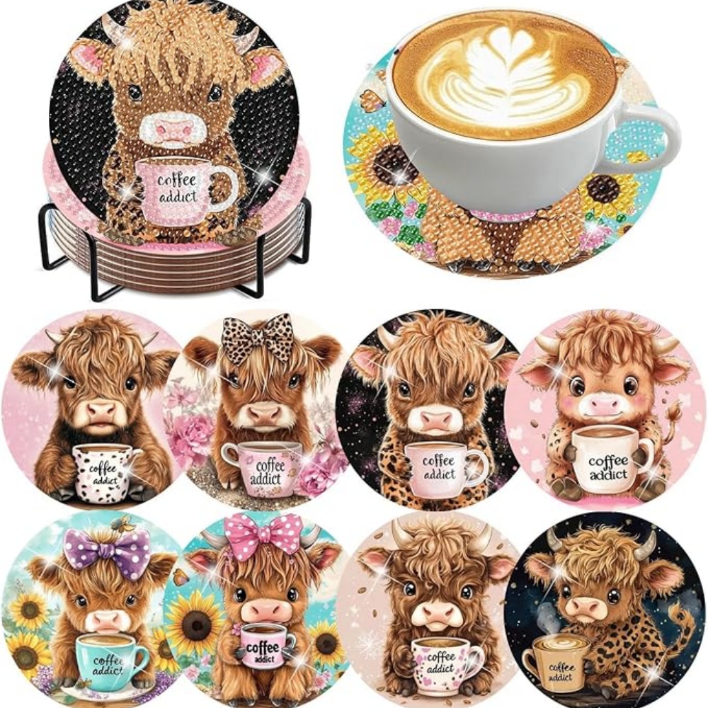 TEMU 8pcs 8pcs Diy Diamond Painting Coaster & Stand Suitable For Adults And Beginners, Wood Cow-themed Irregular-shaped Craft With Stand, Animal Cow