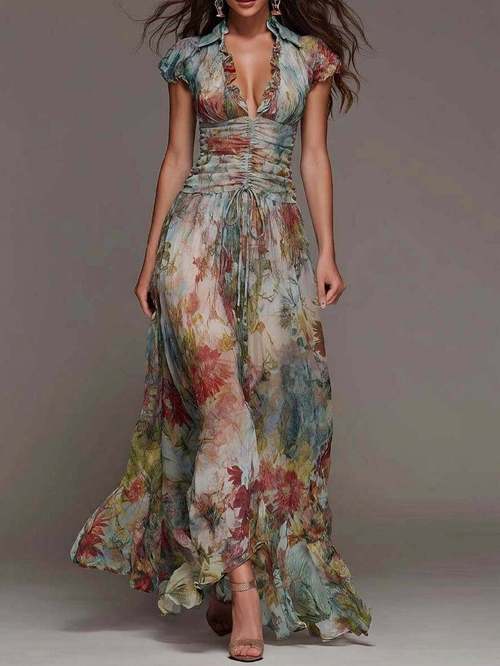 v neck long dress with trim and floral print cinched waist for women sophisticated vacation light mature style suitable for travel dates parties and other occasions