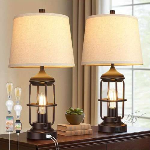 Table Lamps Living Room Lamps PARTPHONER Set Of 2, 28\" Tall Bedside Lamp With Nightlight, Rustic Farmhouse Nightstand Lamps With Linen Shades For Living Room Bedroom Coffee Table Set Cordless Lamp