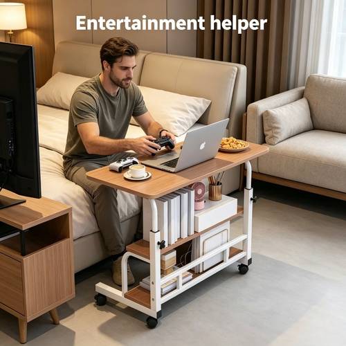 an version walnut colored home use simple height adjustable computer desk measuring 35 43inch 15 75inch 23 62inch with lockable and movable casters features a multi layer storage design suitable for bedrooms offices and study