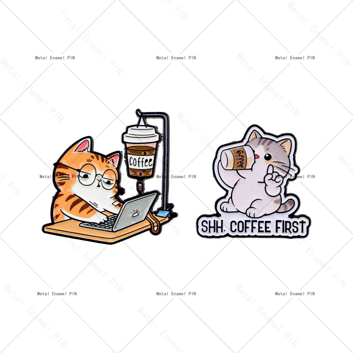 TEMU 2 piezas/juego de broches de esmalte de gato con café, divertido gato de trabajo con café y gota IV, Shh , lindo broche de solapa de gatito de