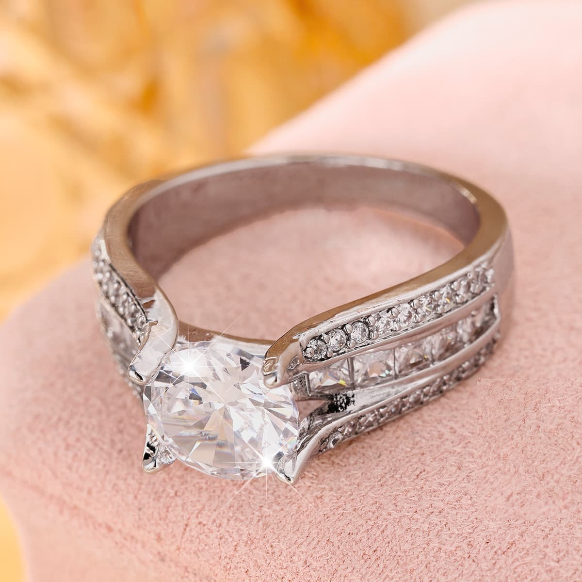 Unisex Copper Double-Layer Staggered Band Ring with Zirconia
