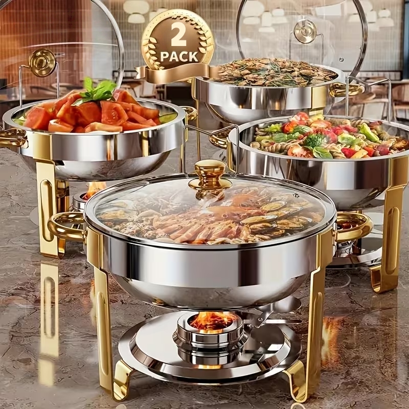 Image of 1/2/4pcs 5qt Commercial-grade Round Buffet Hot Pot Set With Glass Lid & Rack - Heavy-duty Stainless Steel Food Boiler For Parties, Weddings, Catering - Coated For (108 Stainless Suitable For, Cooking