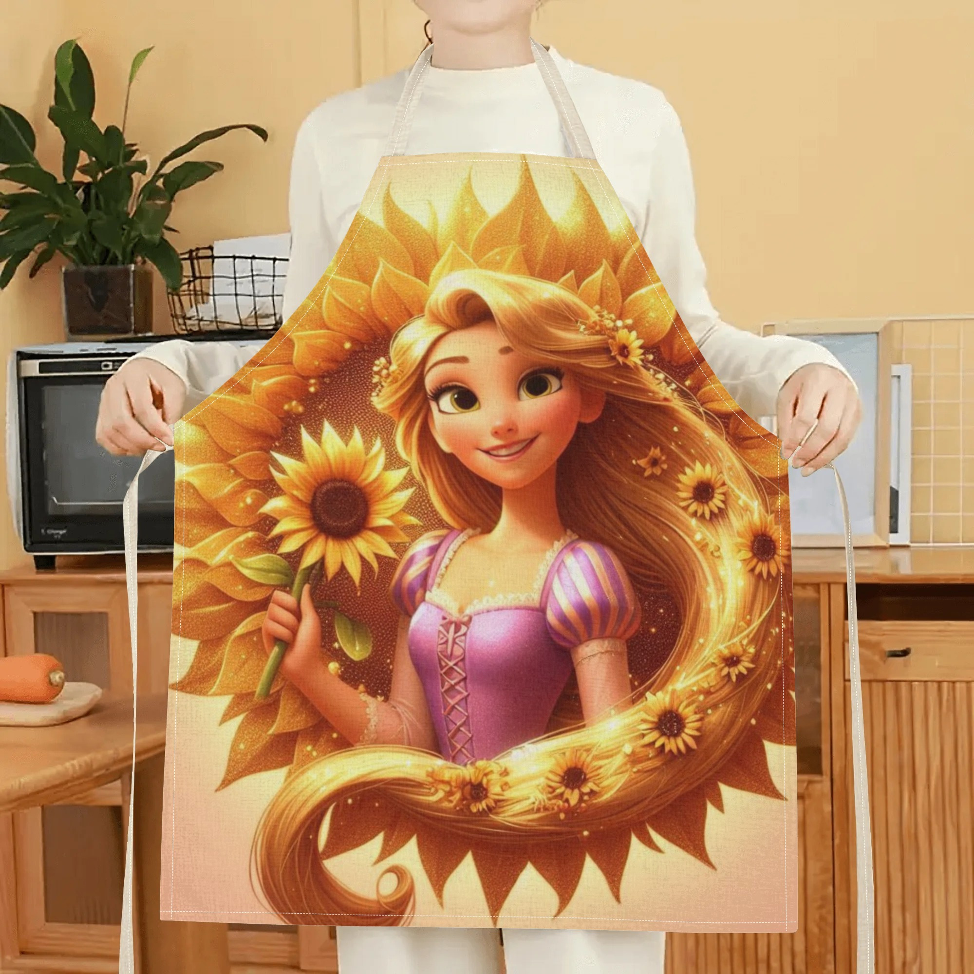 disney   waterproof apron - vibrant cartoon princess design with sunflowers, ideal for home, restaurants, cafes & supermarkets -   polyester,  , versatile apron|vibrant design|glossy finish details 5