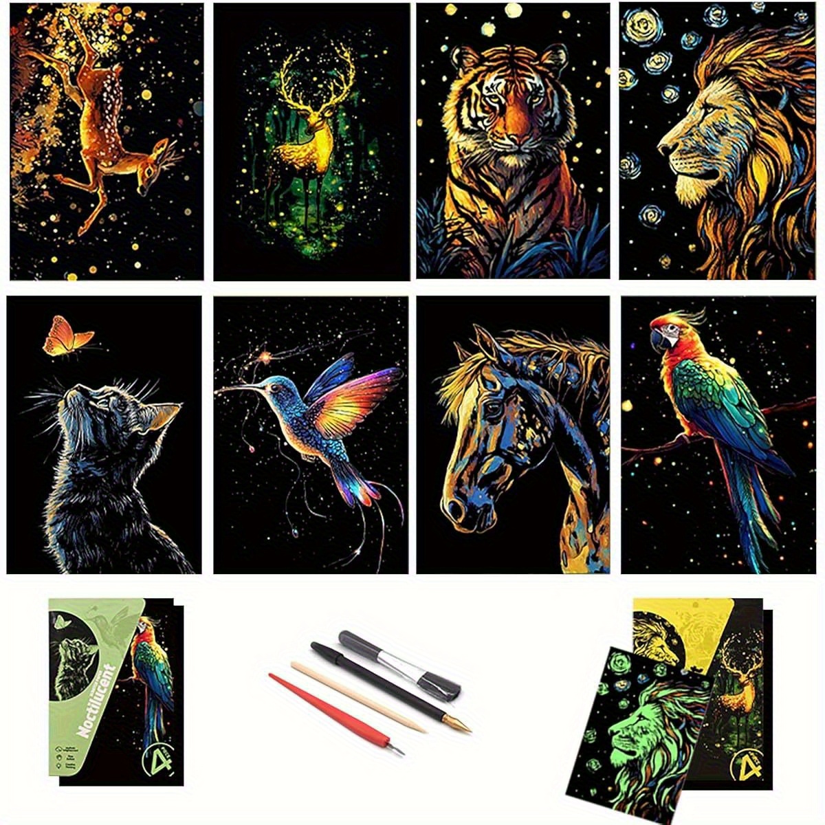 TEMU Art Paper, 8 Sheets Of -the-dark Art Paper With 4 Tools And Wooden Pens, Suitable For Teenagers And Adults To Diy -the-dark Crafts (lion &