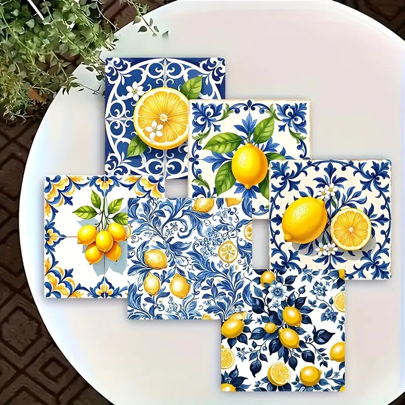 TEMU Set Of 6 Lemon-themed Square Wooden Coasters- Heat-resistant, Suitable For Drinks, Coffee, Office, Kitchen, Table Decoration- Ideal For Home And