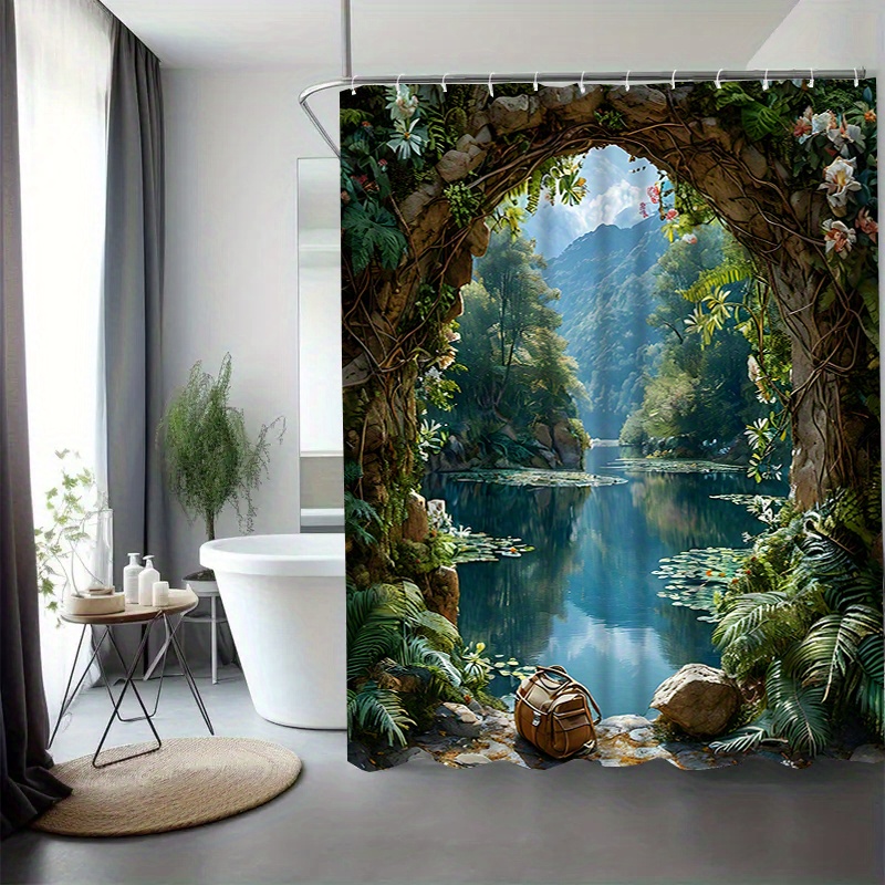 TEMU Jit1pcs Mountain Clear Water Pattern Shower Curtain, High-end Elegant Bathroom Curtain, Multi-functional Curtain, Bathroom Decoration Pattern