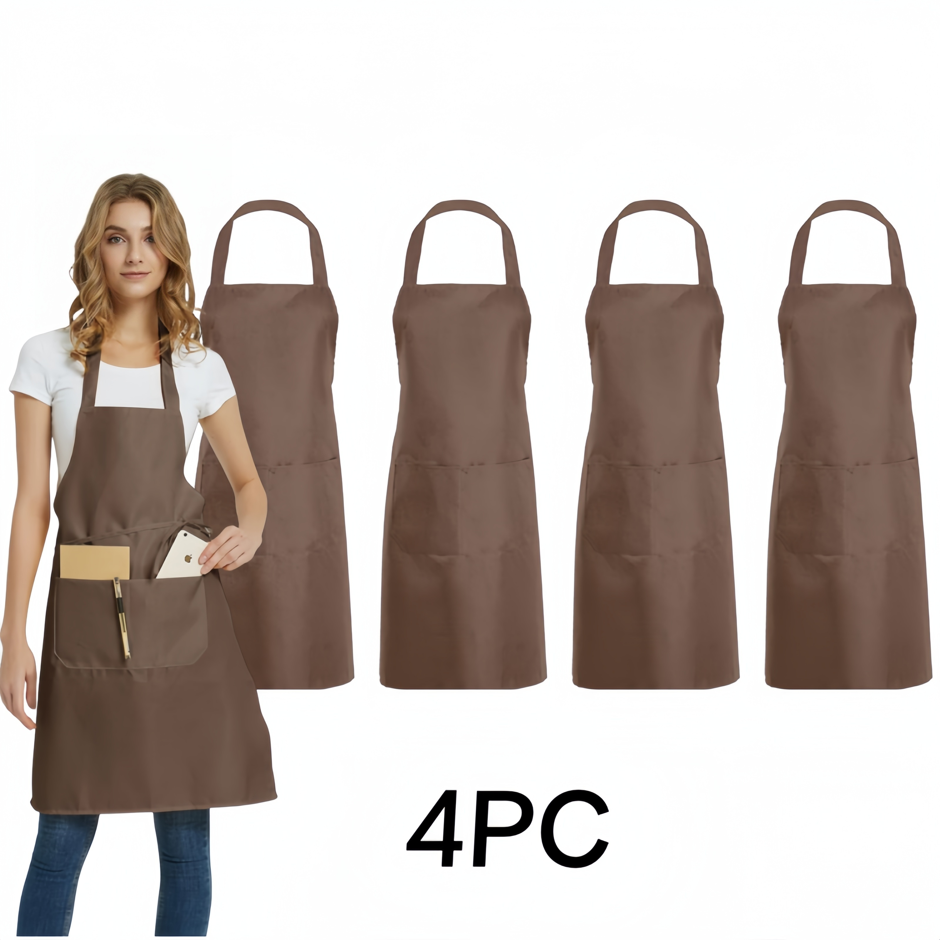 TEMU 4pcs Solid Color Aprons, Durable Polyester Fiber, With Pockets, Suitable For Cooking, Grilling, And Salon Use