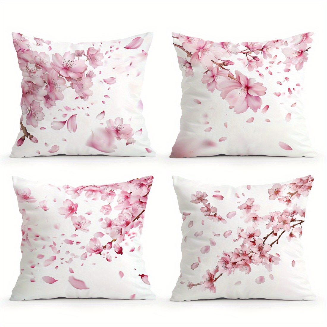 E-shop 4er-Set Zierkissenbezug für Sofa mit einseitigem Kirschblüten-Illustrationsdruck - Kissenbezug aus Pfirsichhaut-Samt