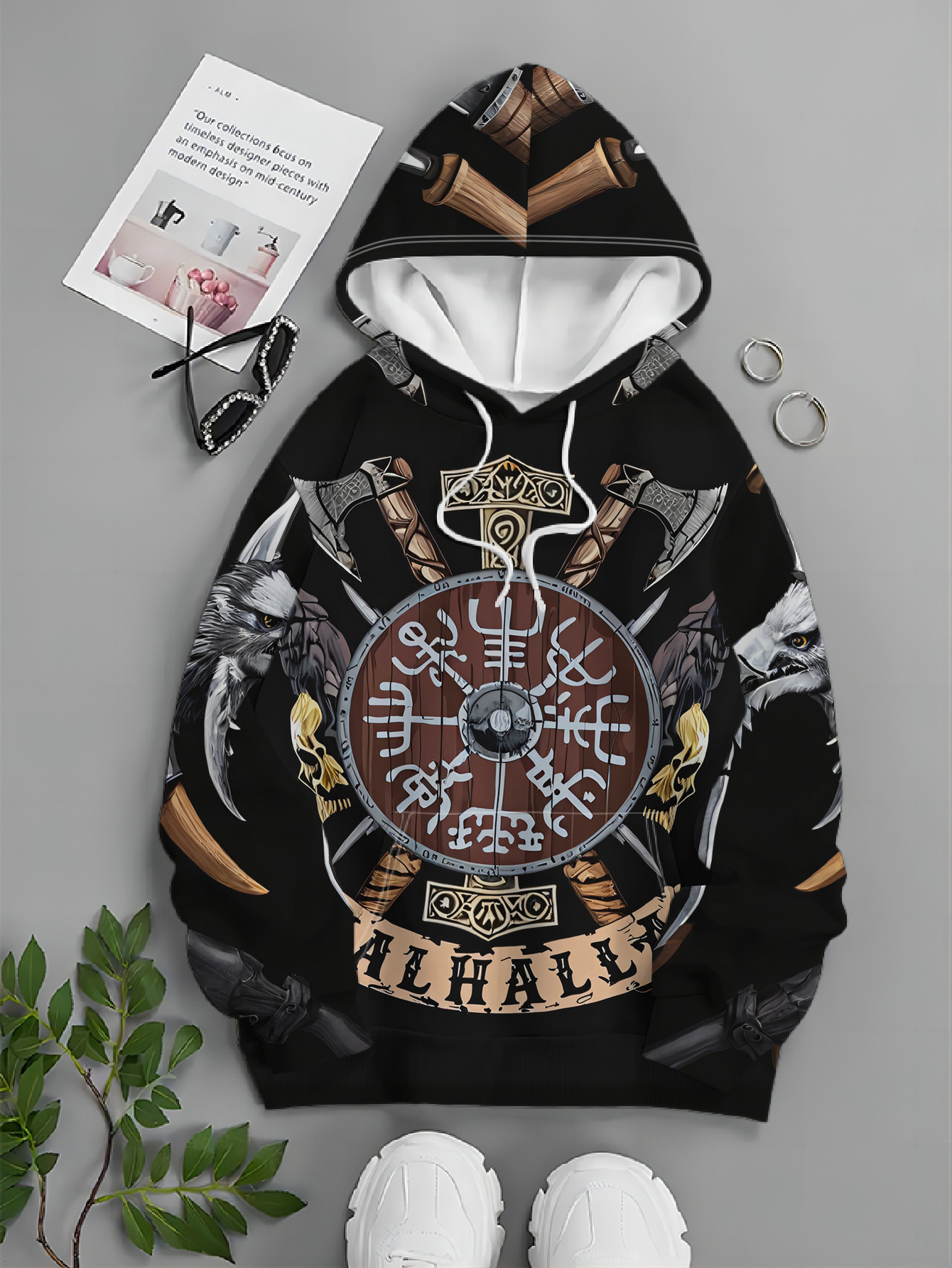 Men's Trendy Street Style Hoodie With Nordic Eagle Axe Patch_voghion.com