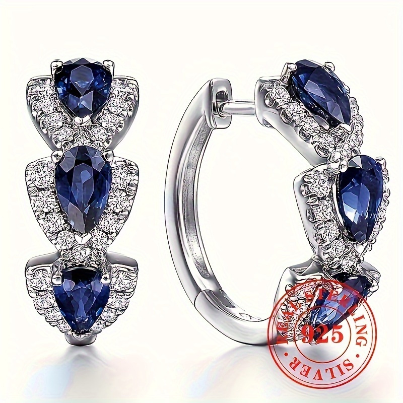 TEMU 1 Pair Women's Fashion Ring Earrings 4.3g S925 Sterling Silver Inlaid With Synthetic Sapphire Round Earrings Suitable For Women Bride Engagement