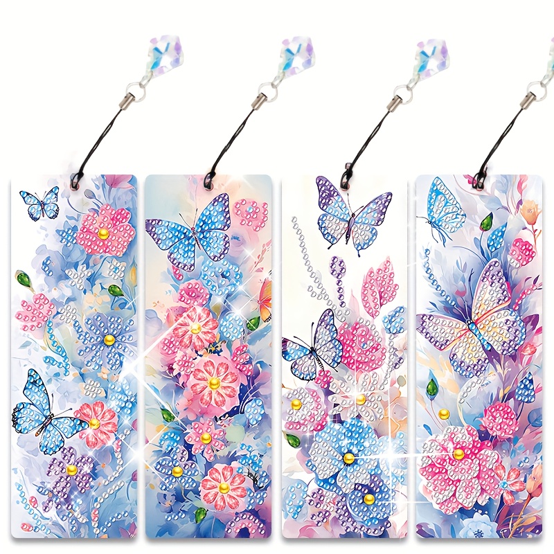 TEMU Enseignes de livre Art Diamant 4pcs : Kit d'enseignes de livre Diamant - Enseignes de livre Fleurs de printemps et papillons - Mini ensemble