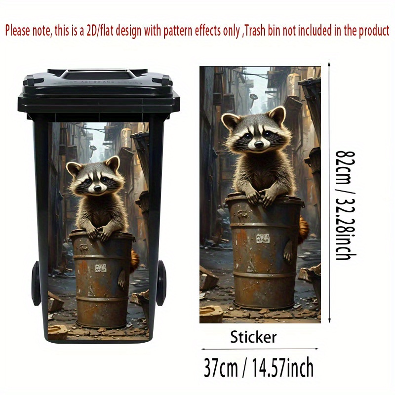 Image of 2d Flat Printing 1pc Trash Can Sticker 37×82cm, Cute Raccoon Themed Design, Self-adhesive Decorative Wallpaper, Kitchen Trash Can Decoration, Suitable For Trash Cans, Walls, Home Decor, 2d Flat
