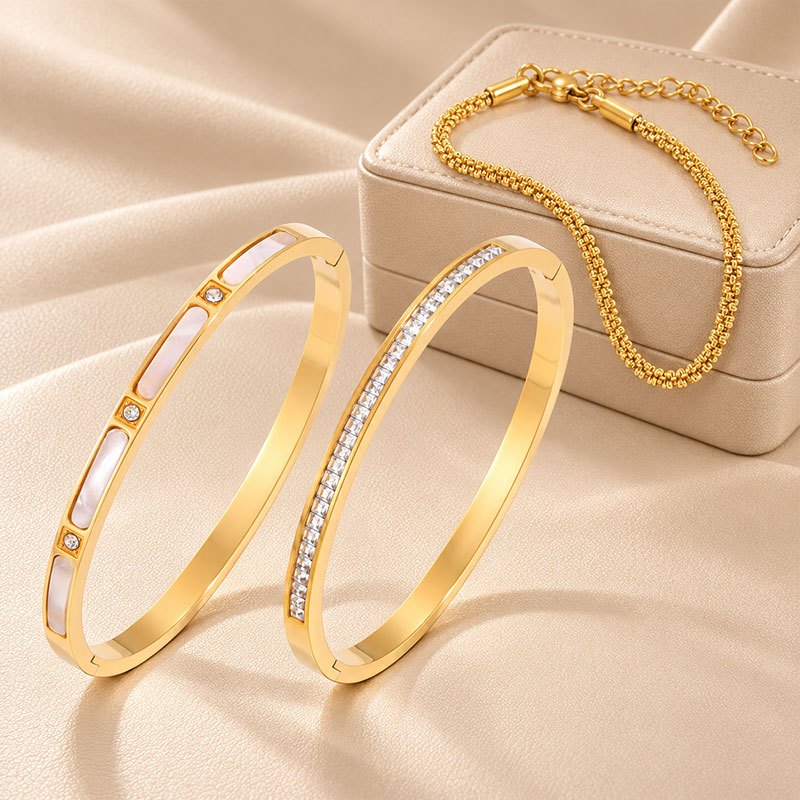 3pcs Stackable Bracelet Set with Synthetic Zirconia, Adjustable