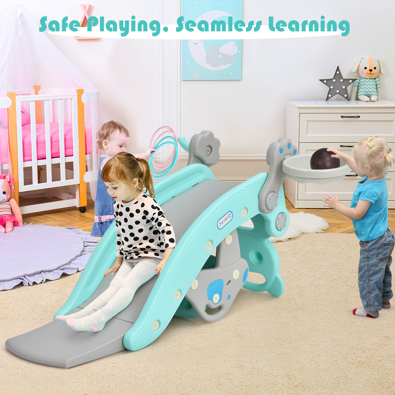 COSTWAY 6 In 1 Toddler Rocking Horse Slide Playset