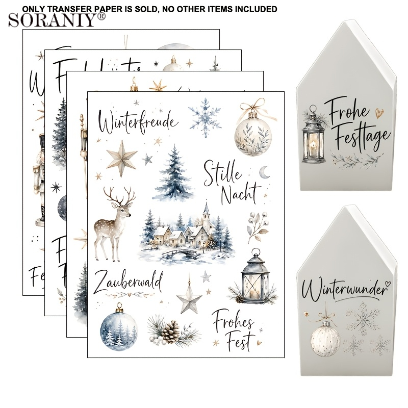 TEMU 2d Flat 4pcs German Ink Wash Style Christmas Winter Vinyl Uv Dtf Transfer Stickers, Transfer . Suitable For Cups, 16oz Glass Tumblers, Coffee