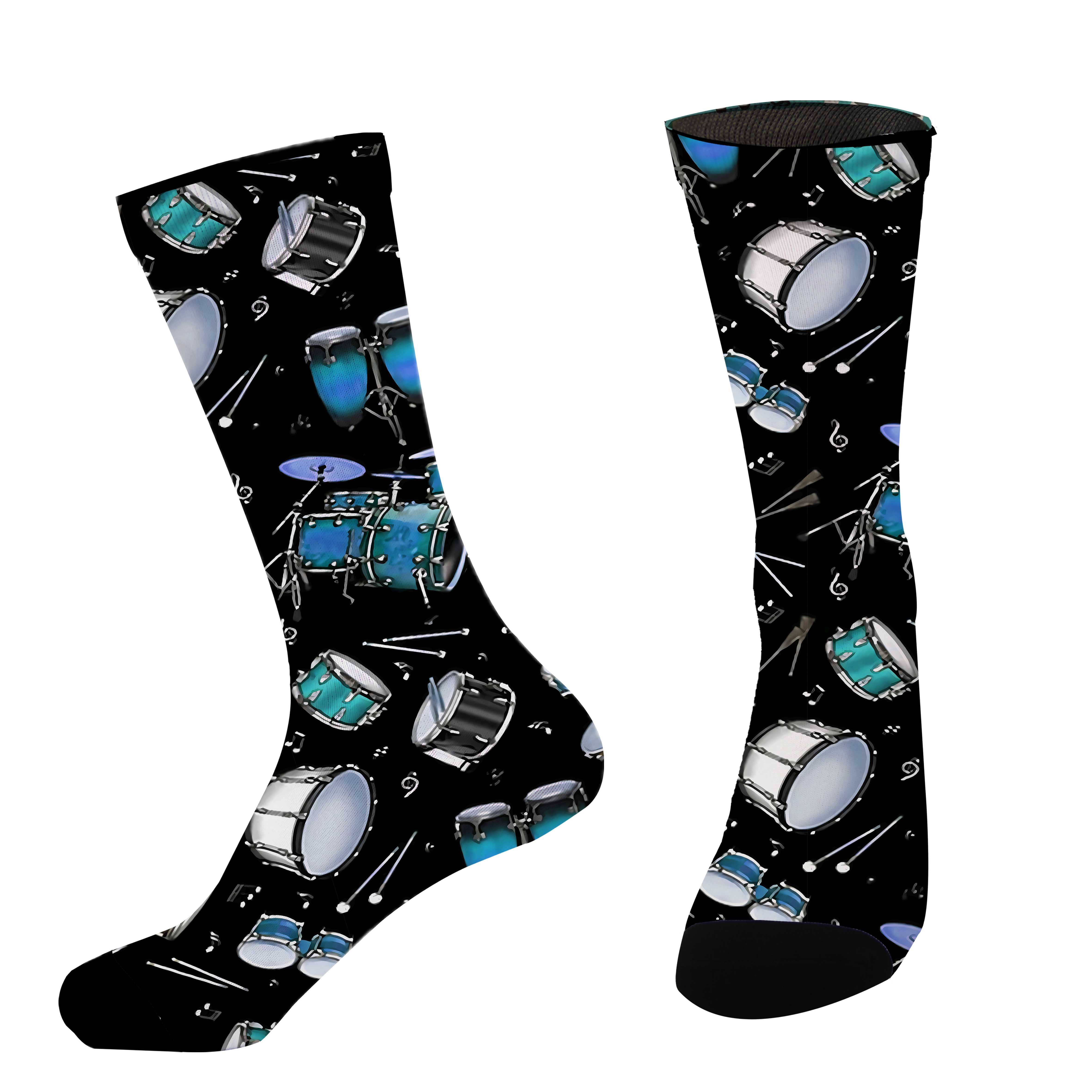 

1 Pair Of Men's Vibrant Drum Set Print Knee-high Socks - Seamless, Stretchy Polyester With Elastane, Machine Washable, Ideal For Outdoor Activities