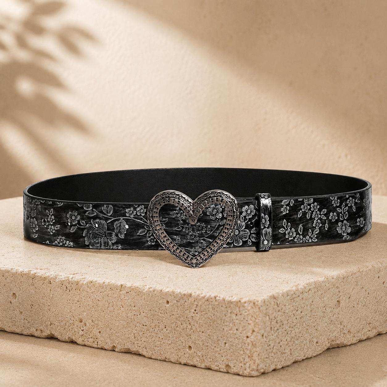 TEMU Women's Vintage Western Black Belt, Floral Printed Adjustable Waistband With Vintage Silvery Heart , For Daily, Parties And Festivals