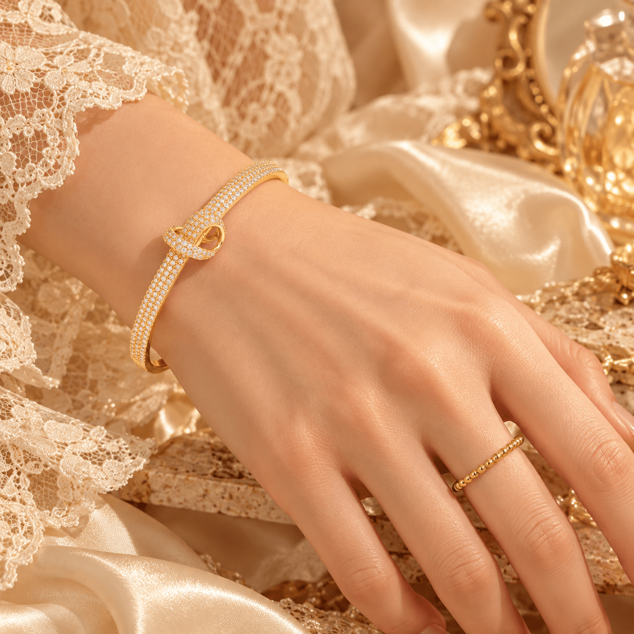 Unisex 2pc 18K Gold Plated Bracelet & Ring Set, Exquisite Design