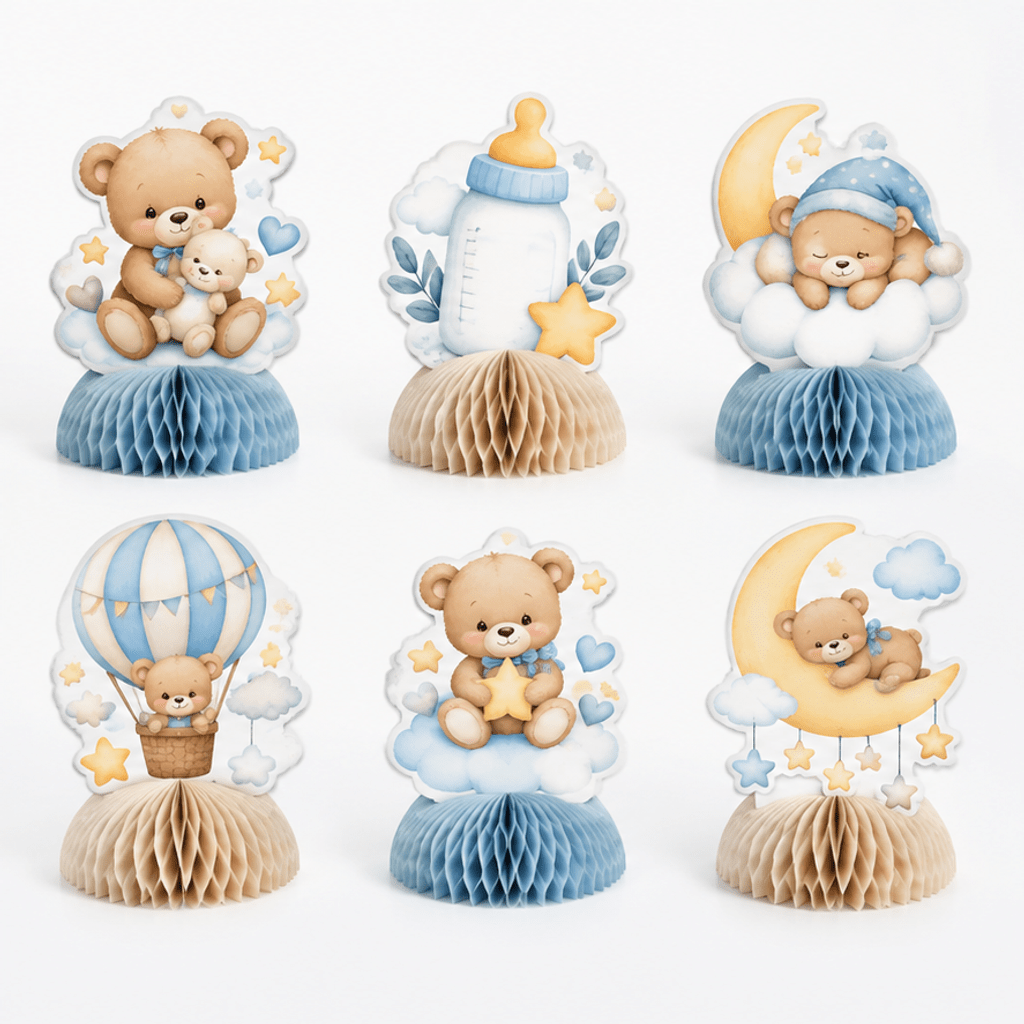 TEMU 6pcs Baby Shower Honeycomb Paper Centerpieces, Teddy Bear, Moon, Star And Baby Bottle Table Decorations For Baby Shower Party