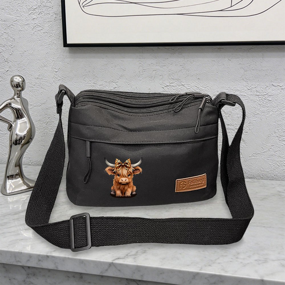 TEMU 1pc Women's Highland Cow Print Crossbody Bag With Bowknot - Lightweight Zipper Closure Shoulder Purse Suitable For Work, Travel,, Phone &
