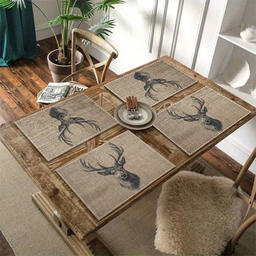 4 stuks vintage handgetekende hertenkop 1 Placemat 30,48*45, 72 cm Wasbaar en Ideaal voor Diner Feestdagen Perfecte Keukentafel- En Eetkamer Tabel Decoratie Taartmatten Vakantie Servies Party Onderleggers Klassiek Patroon Boerderij Staat Duurzaam Stof Materiaal Set van Place mats Essentiëlen Van De Gereedschapstelling Op Het Bord Festiviteiten Gastgezinnen Liefhebbesters