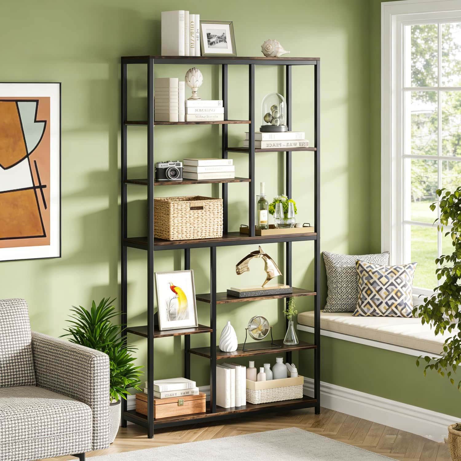 Image of 8 Tier Staggered Bookshelf, 200cm Tall Modern Freestanding Open Bookcase, Wide Wood Etagere Shelving Unit, Multifunctional Display Shelf For Living Room, Black And Rustic