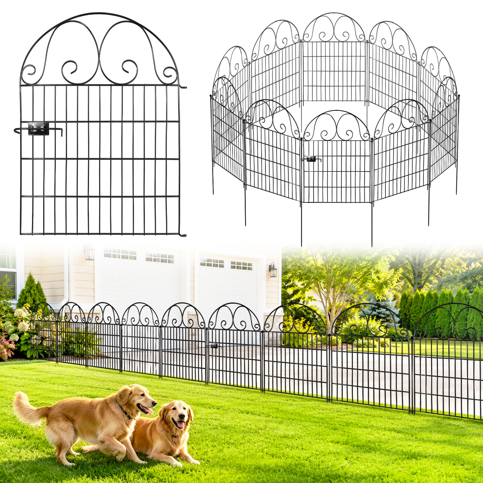 Image of 【2d Flat】 12 Panels Garden Pond Fence 90cm Height X 70cm Width Decorative Metal Fence Or No Digging Fixture For Beds, Patios And Barrier For Dogs Or Small Animals