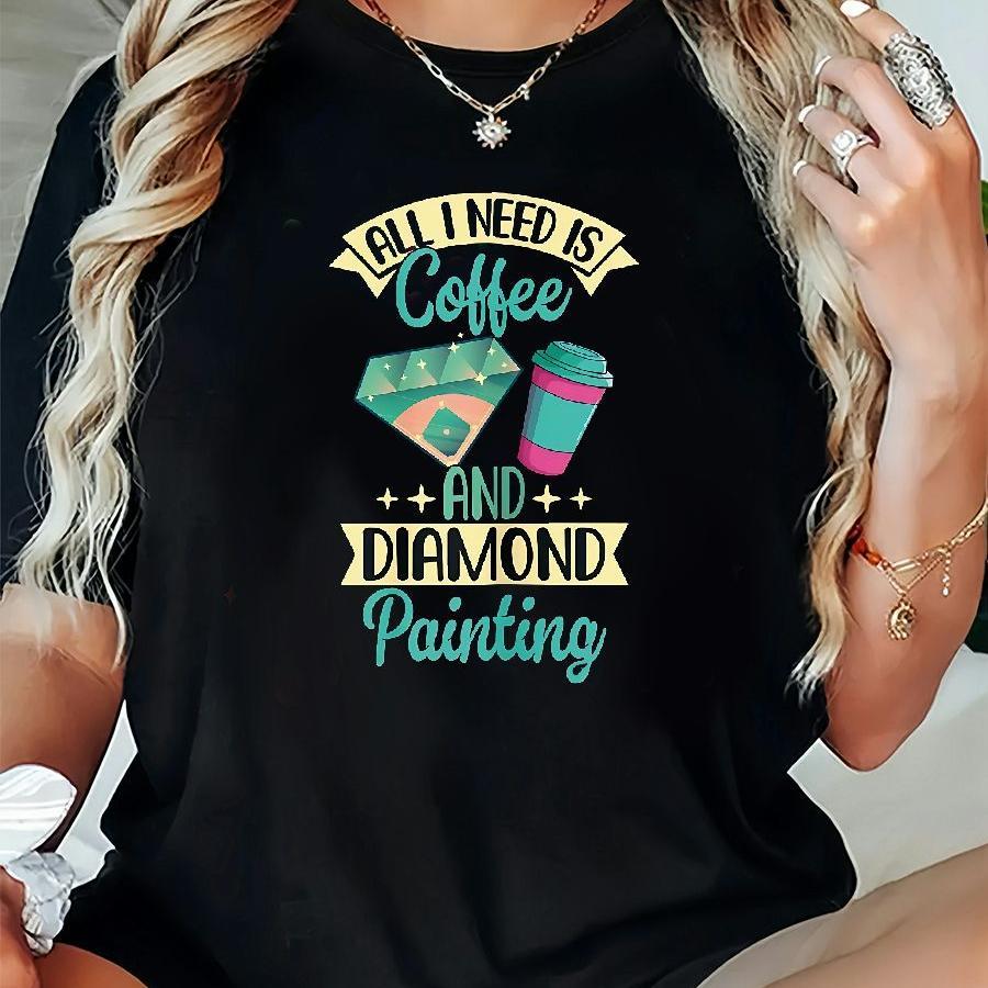 

Women's Plus Size Casual Crew Neck T-shirt, Coffee And Diamond Painting Graphic, Polyester Knit Fabric With Slight Stretch, Short Sleeve, Spring/summer/fall Top