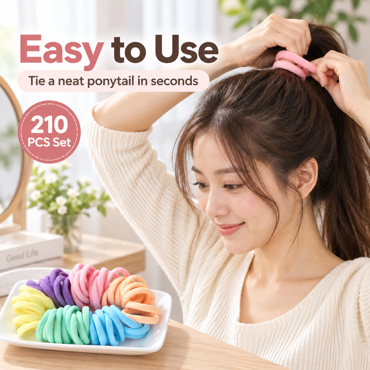 210pcs Random Colour Rainbow-Colored Elastic Hair Ties for Everyday Use