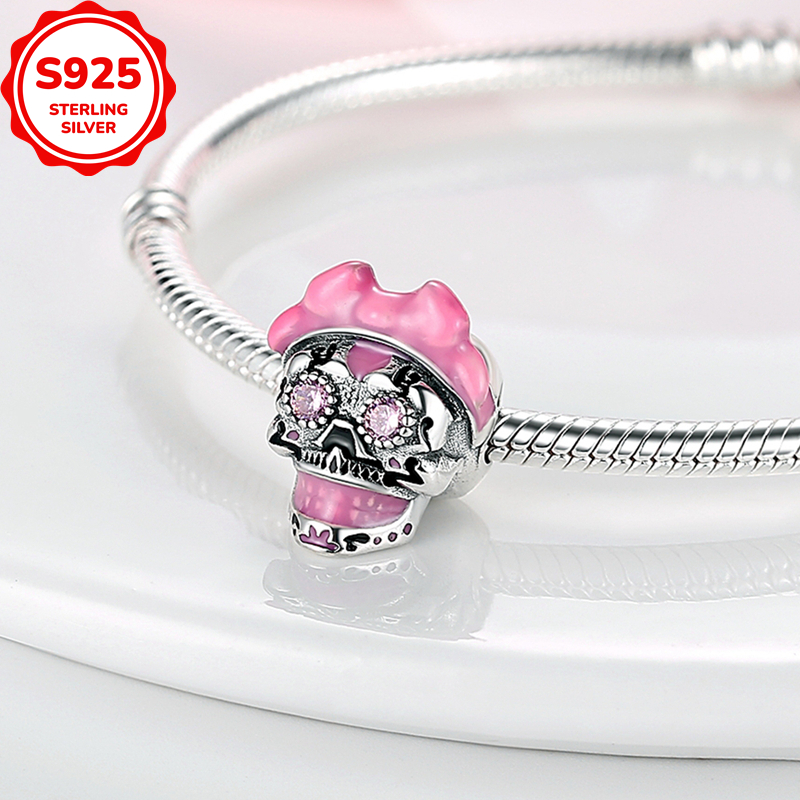 925 Sterling Silver Pink Skull Bead Charm Pendant